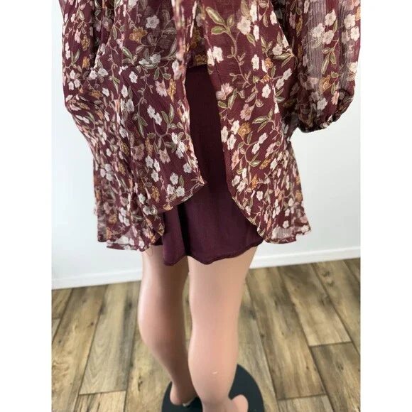 Womens Wine Chiffon Floral Mini Fit & Flare Dress Juniors L - Picture 10 of 15